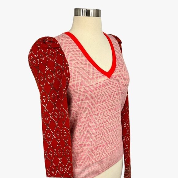 Anthropologie Cherie Puff Sleeved Pullover Sweater Size S V Neck Red Pink - Picture 6 of 8